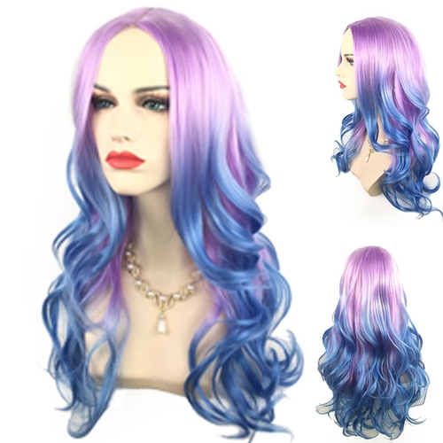 65cm New Purple Blue Ombre Wig Long Wavy Synthetic