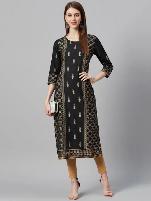 Women's Long straight golden printed kurta (Size-L) (Color-BLACK)