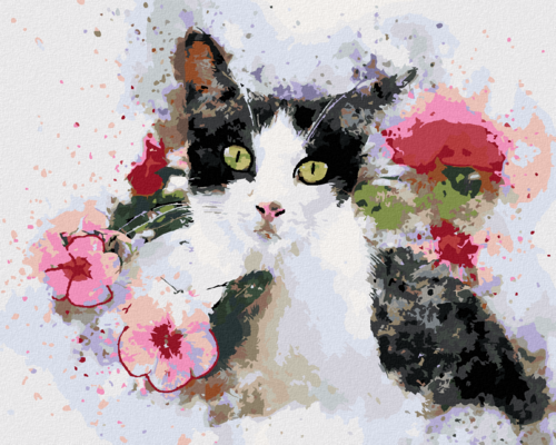 Paint by Numbers - BLACK AND WHITE CAT AND PINK FLOWERS