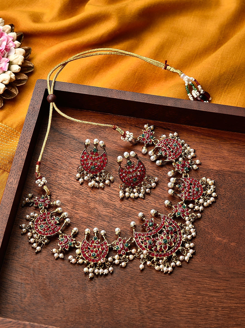 Ruby Emrald Gold Plated Temple Jewellery Set
