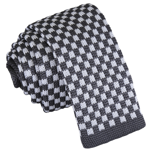 Check Knitted Skinny Tie - White & Grey