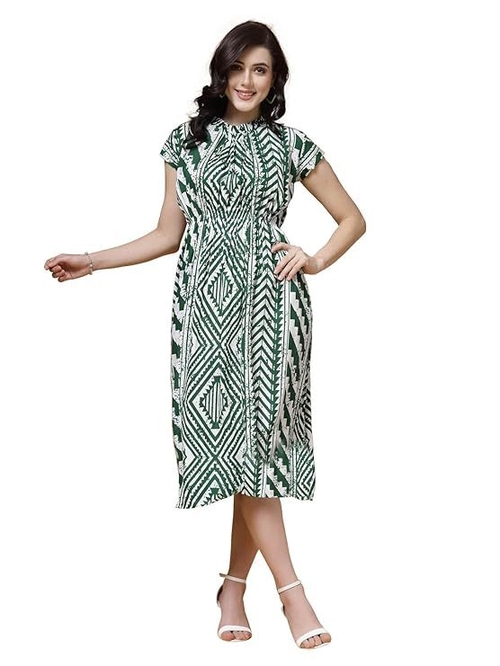 Geomatric Print Rayon Flared Dress (Size-XL) (COLOR-GREEN)