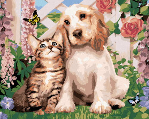 Paint by Numbers - DOG AND CAT AMONG FLOWERS (HOWARD ROBINSON)
