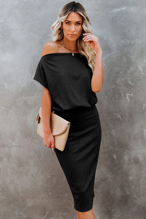 Black Boat Neck Knit Midi Dress