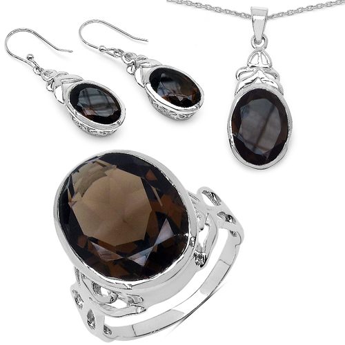 26.52 Carat Genuine Smoky Quartz .925 Sterling Silver Ring, Pendant