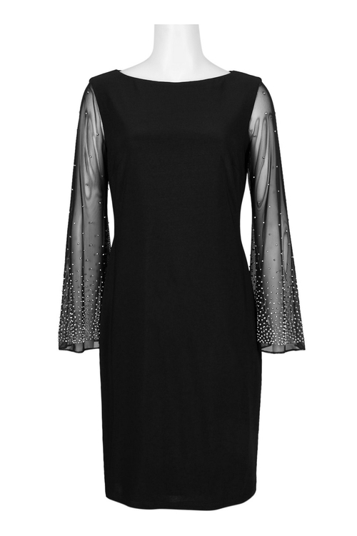 Cachet Boat Neck Embellished Long Sleeve Zipper Back Solid Jersey Mesh