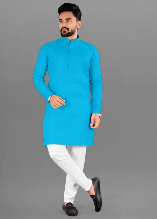 Men Solid Cotton Blend Straight Kurta  (Sky Blue) (Size UK 36)