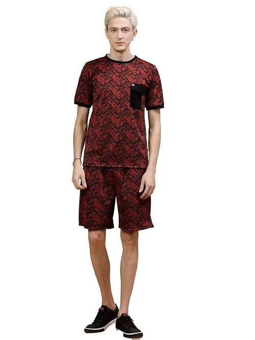 Waffle Knit Self Textured Co-ord Set for Men's (Size-M) (Color-RED)