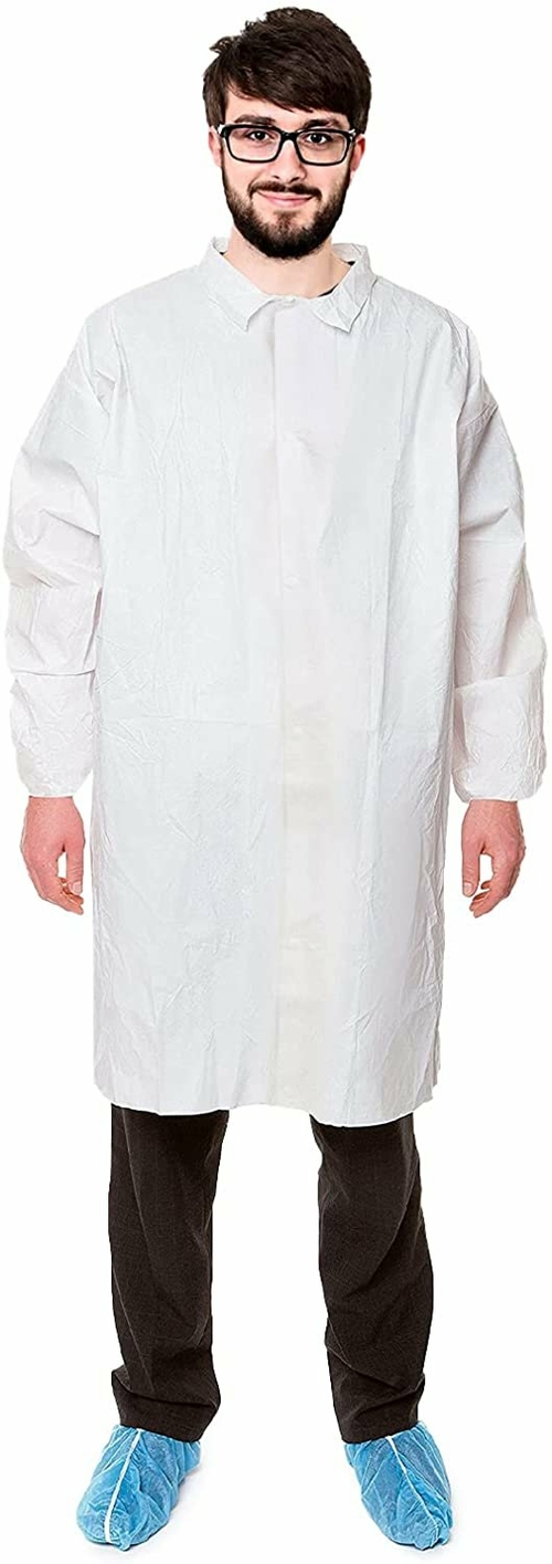 Disposable Lab Coats. Pack of 3 White Work Gowns Large. Microporous