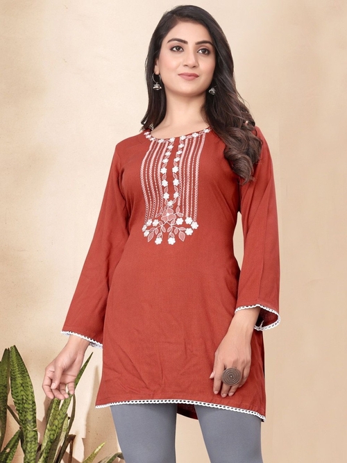 Women Yoke Embroidered Rayon Tunic (Color Rust) (Size XL)