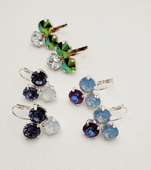 Crystal Drop Style Leverback Earrings, Three Stone Crystal Earrings