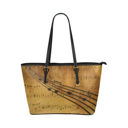 Large Leather Tote Shoulder Bag - Tan and Brown Musical Chords Print
