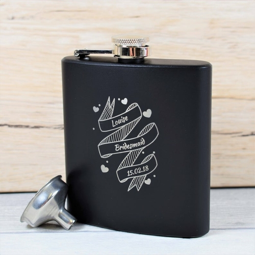 Main Modern, Engraved  Black Wedding Hip Flask - Bridesmaid Gifts image