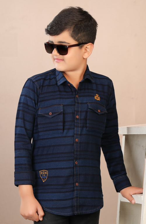 Boys Striped Cotton Casual Shirt (Color Dark Blue) (Size 4 - 5 Years)