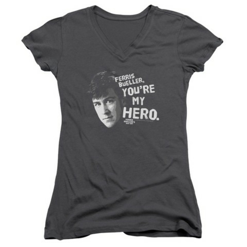 Trevco Ferris Bueller-My Hero Junior V-Neck Tee, Charcoal - Medium