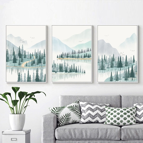 Watercolor Forest River Mountain