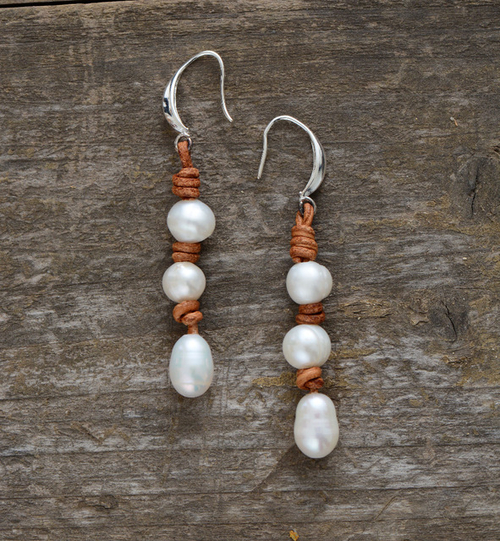 Women Pearl Earrings Freshwater Pearls Leather