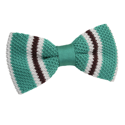 Knitted 3 Thin Stripe Bow Tie - Knitted Teal with Brown & White Thin
