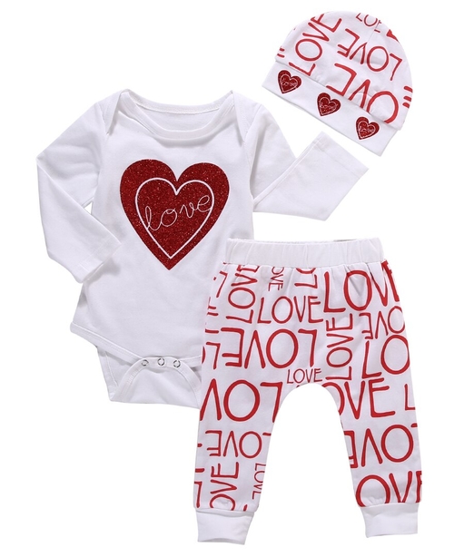 Newborn Baby Girl Love Heart Cotton Bodysuit+Pants