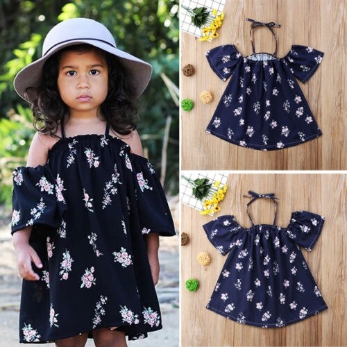 Navy Toddler Kids Girls Floral Off Shoulders