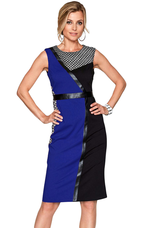 Blue Black Asymmetric Patchwork Leather Trim Sheath Dress
