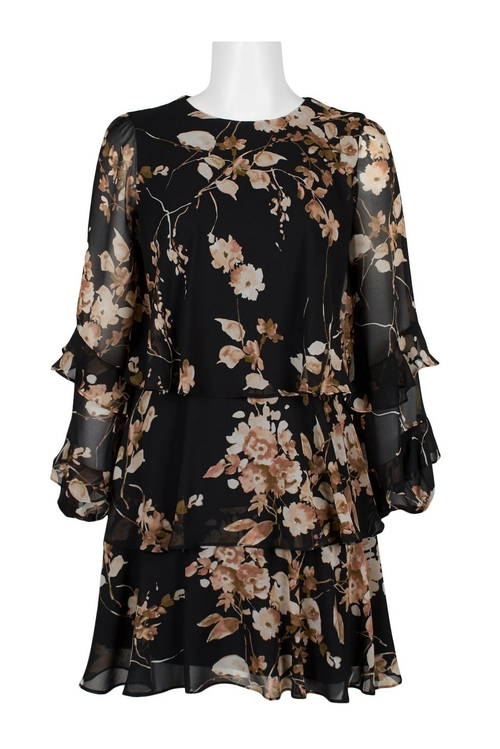 Taylor Crew Neck Long Sleeve Zipper Back Tiered Floral Print Chiffon