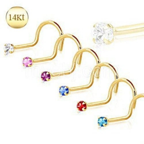 14Kt Yellow Gold Screw Nose Ring with Prong Setting Gem