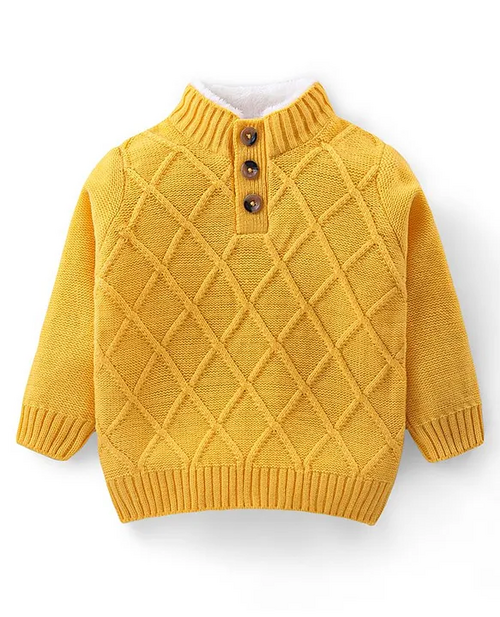 Knitted Full Sleeves Pullover Cable Knit Henley Sweater -Yellow