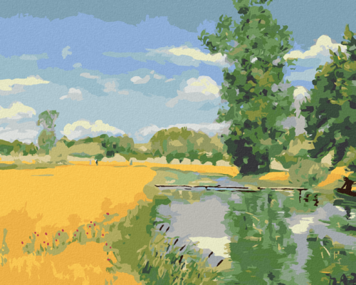 Paint by Numbers - A river running through a landscape at harvest time