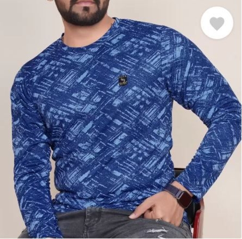 Men Printed Round Neck Polyester Blue T-Shirt S