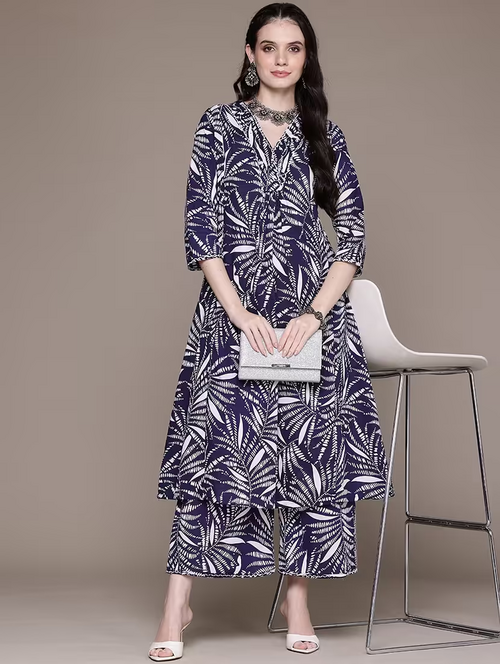Women Printed V Neck Kurta Palazzo Set (Size-S) (Color-Navy Blue)
