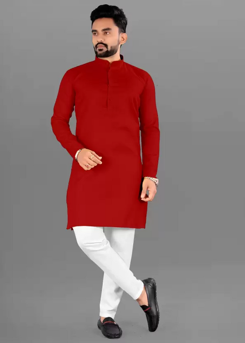 Men Solid Cotton Blend Straight Kurta  (Red) (Size UK 38)