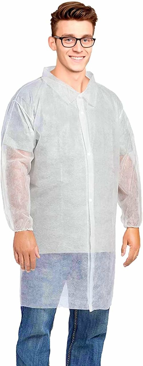 White Polypropylene Lab Coat XL Size No Pockets 4 Snaps Elastic Wrists