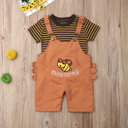 Toddler Baby Boys Stripe Short Sleeve Tops+Bib