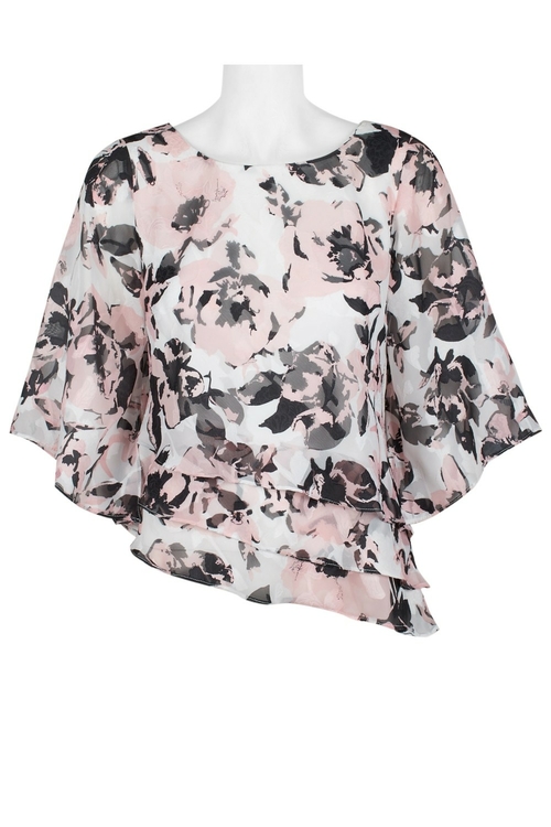 Alex Evenings Boat Neck Assymetrical Tiered Dolman Sleeve Floral Print