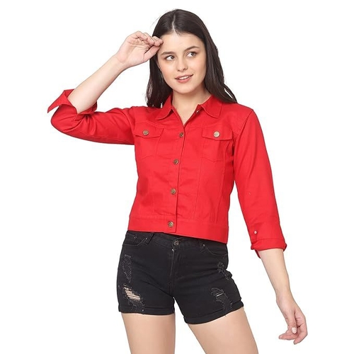 Twill Buttoned Women Regular Jacket (Size-M) (Color-RED)