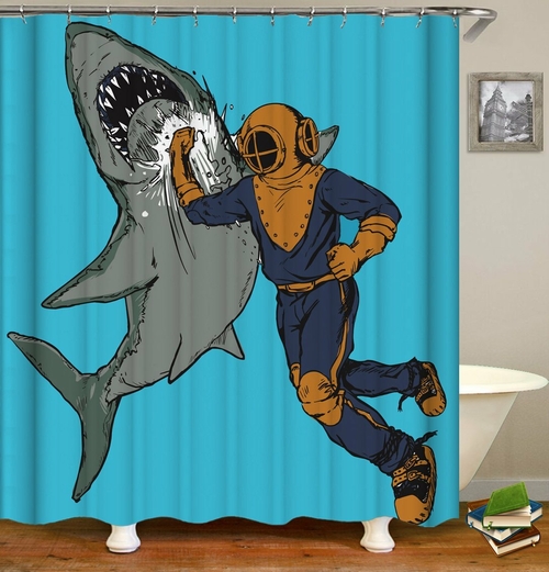 Scuba Diver Hitting A Shark Shower Curtain