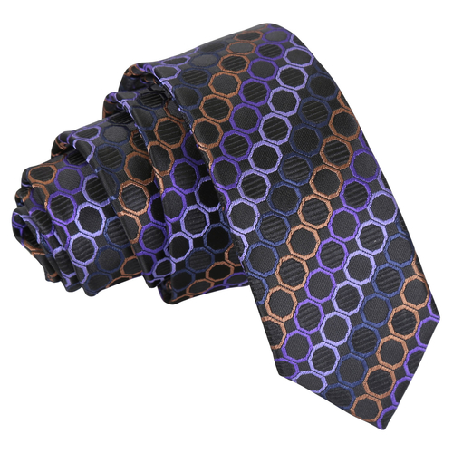 Honeycomb Polka Dot Skinny Tie - Black, Purple & Bronze