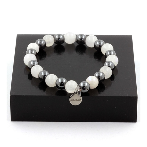 Moonstone + Hematite Bracelet 8 mm Beads.