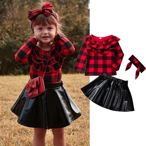 Toddler Kids Baby Girl Ruffle Plaid Tops Leather