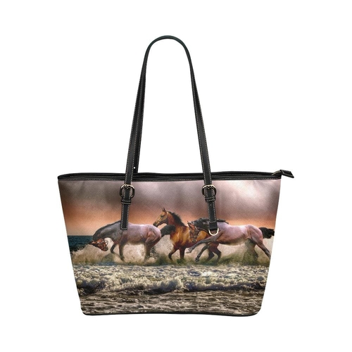 Large Leather Tote Shoulder Bag - Brown Wild Horses Illustration