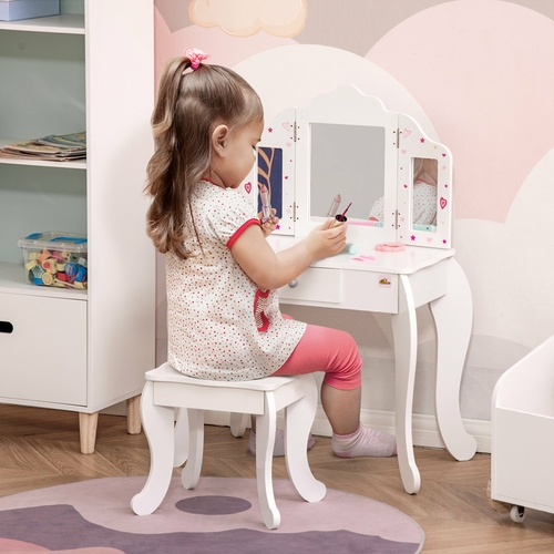 Qaba Kids Vanity Table & Stool Girls Dressing Set Make Up Desk with