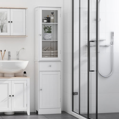 kleankin Bathroom Storage Cabinet with 3-tier Shelf Drawer Glass Door,