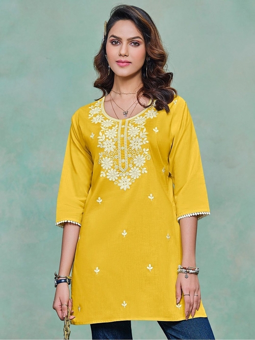 Women Cotton Neck Embroidery Tunics (Color Yellow) (Size L)