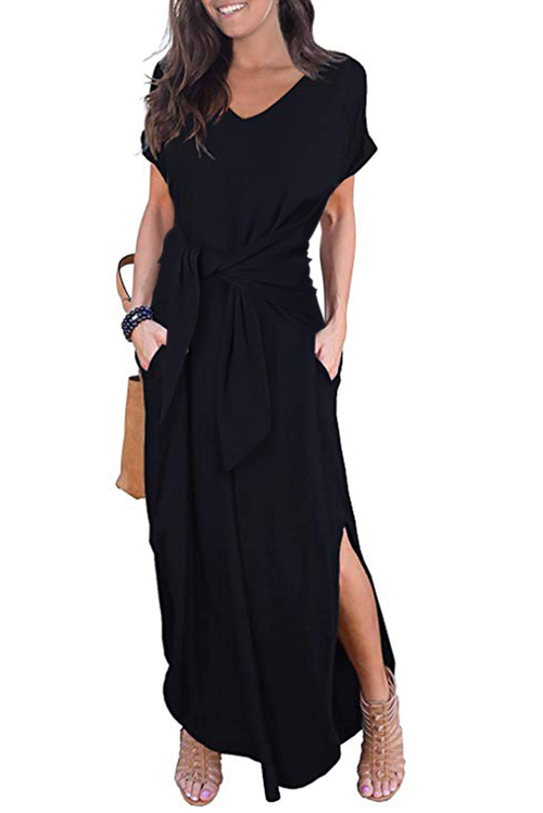 Black Casual Loose Pocket Short Sleeve Split Maxi Dress