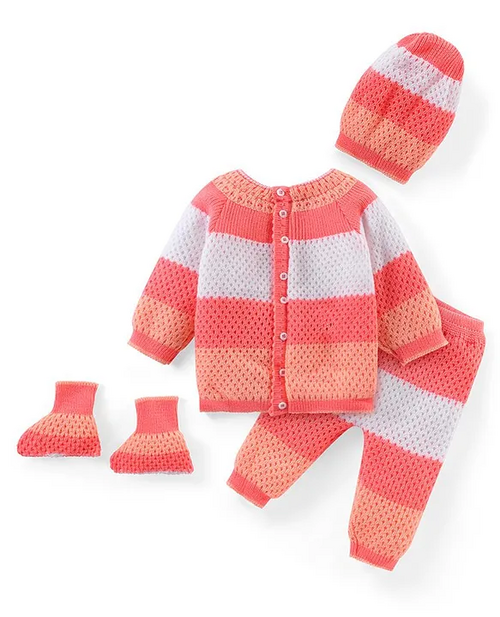 Knitted Full Sleeves Front Open Sweater & Pant Set with Cap & Booties