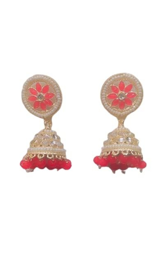 Stylish Ethnic Gold Tone Jhumkis With Red Stones For Women & Girls