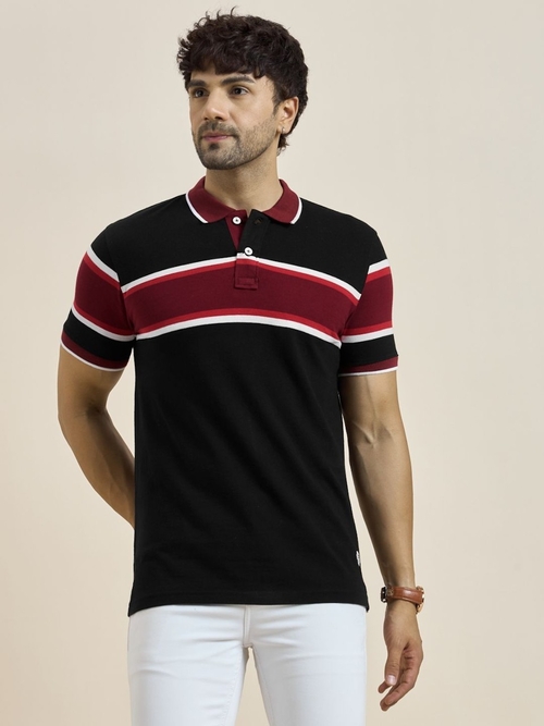 Men's Stripes Pure Cotton Polo T-Shirt (Color Black) (Size M)