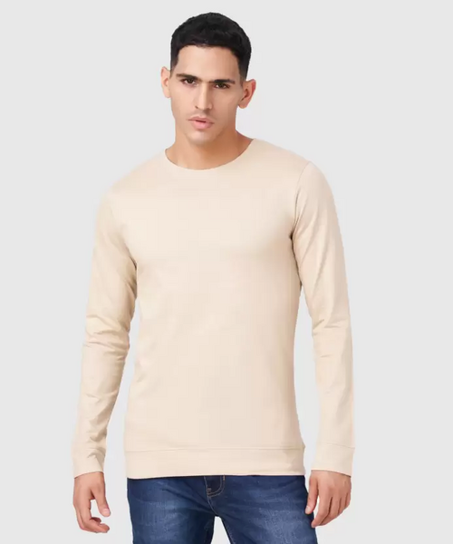 Men Solid Full Sleeves Round Neck Cotton Beige T-Shirt (Size L)