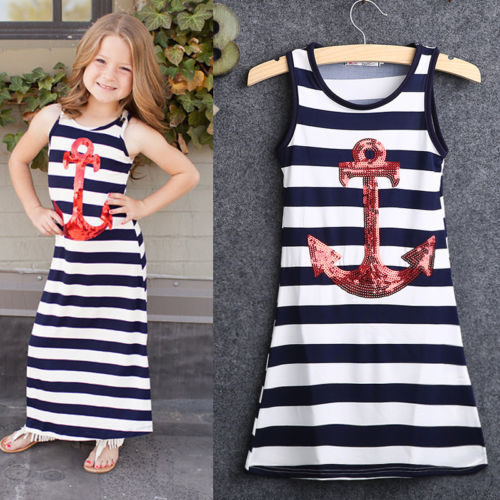 Fashion Kids Girls summer dress Sequins Anchor